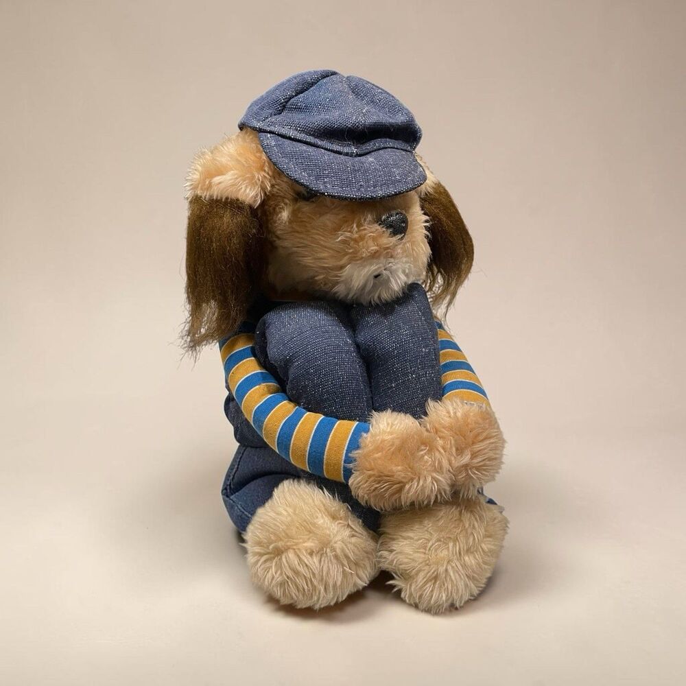 Vintage 1981 Dog Knee Hugger Intrigue Plush Overalls Stripe Shirt Cap Korea